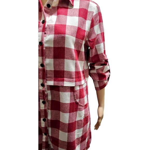 Red & White Plaid Button-Up Shirt Dress With Pockets & Rolled Sleeves By Hotouch - Picture 3 of 13